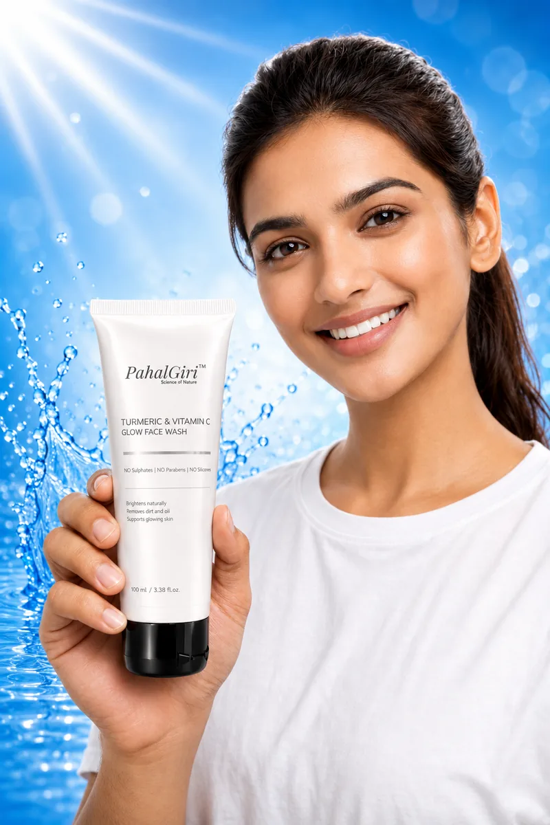 Woman using PahalGiri Turmeric Vitamin C Face Wash
