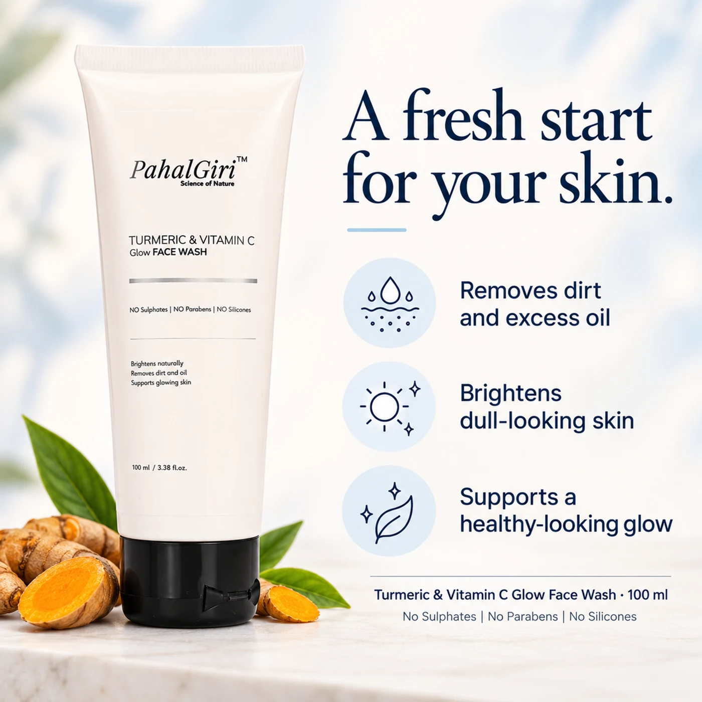 PahalGiri Turmeric and Vitamin C Glow Face Wash benefits: cleansing dirt and excess oil and supporting a healthy-looking glow