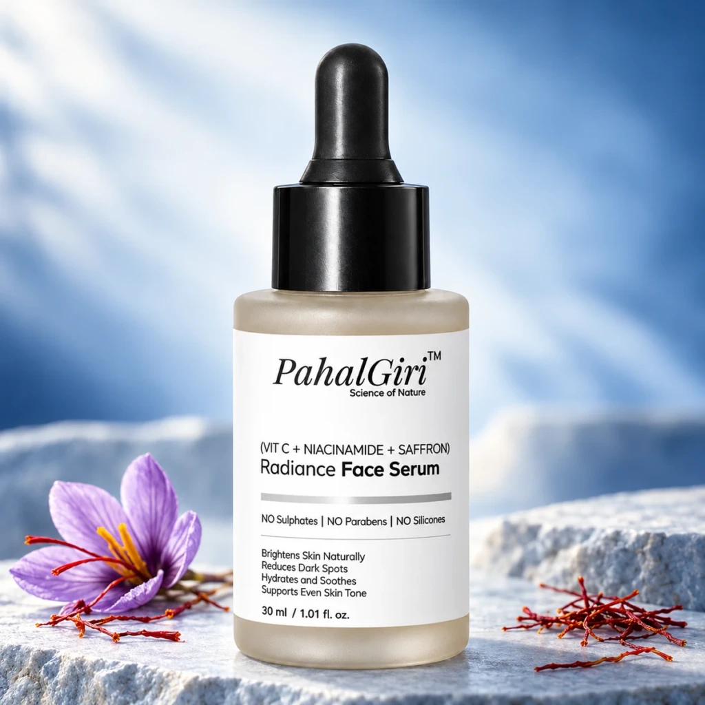 PahalGiri Radiance Face Serum 30 ml, grey-beige frosted bottle with black dropper and saffron on a pale blue stone surface
