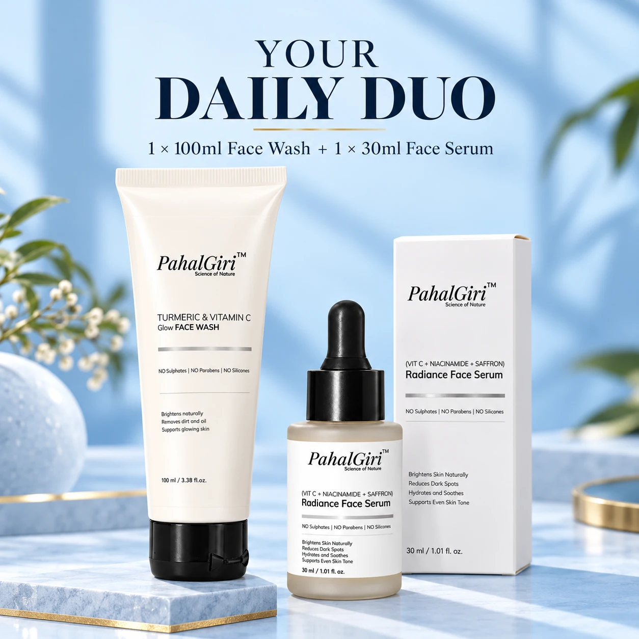 PahalGiri combo contents: one 100 ml face wash, one 30 ml Radiance Face Serum and its white mono carton