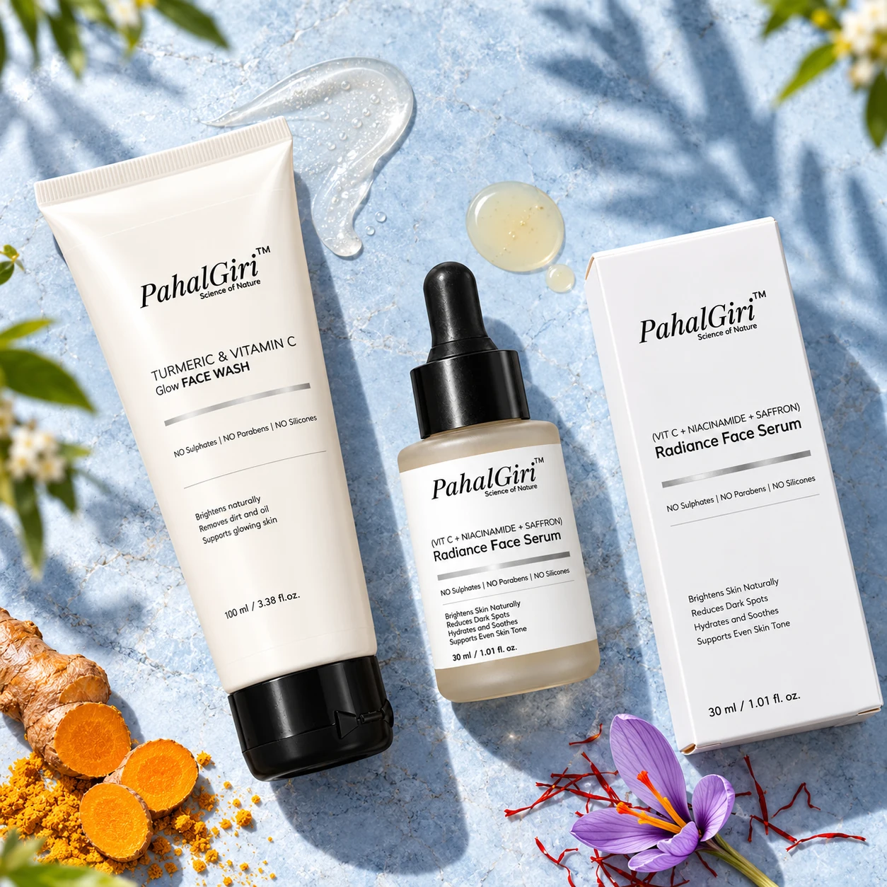 One PahalGiri face wash and one Radiance Face Serum with mono carton, botanical flatlay and distinct gel and serum textures