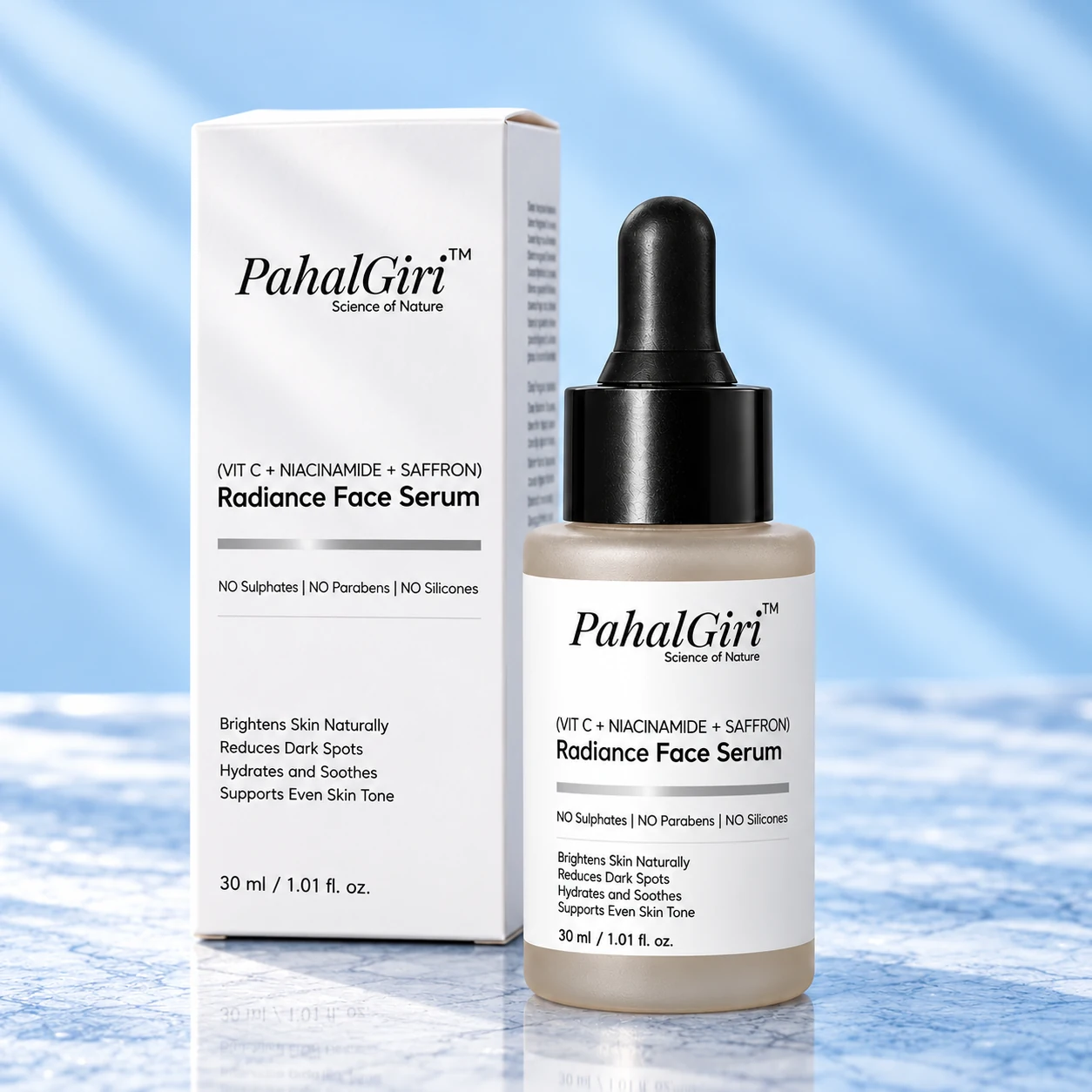 One PahalGiri Radiance Face Serum 30 ml light grey-beige bottle with its original white mono carton, front packaging view