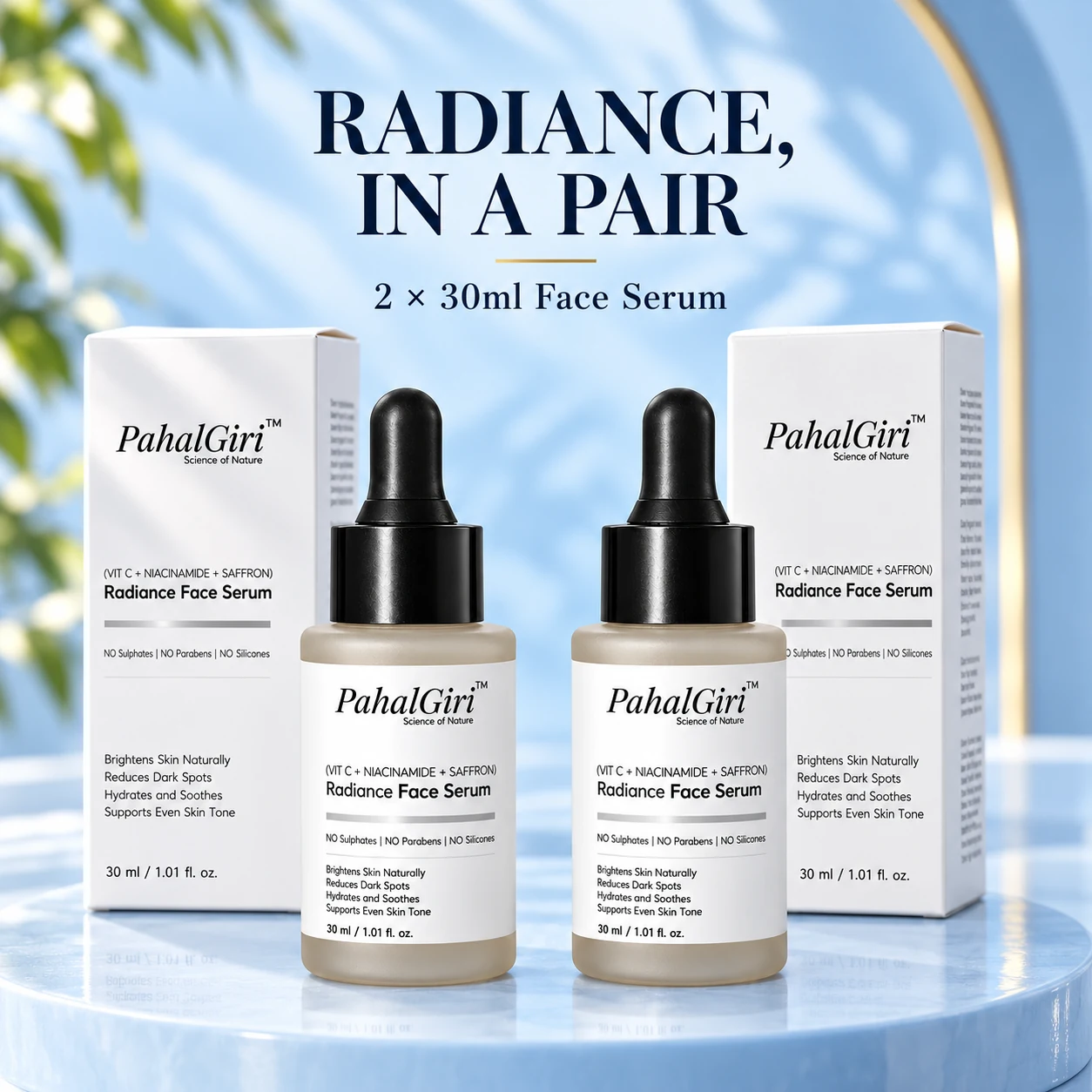 PahalGiri Radiance Face Serum pack of two: two 30 ml bottles and two white mono cartons
