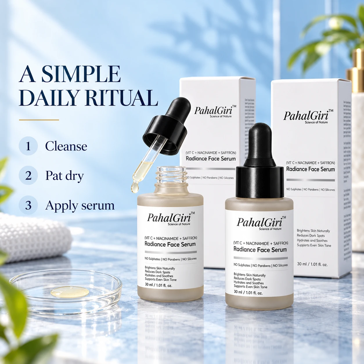 Two PahalGiri serum bottles with mono cartons, showing cleanse, pat dry and apply serum routine