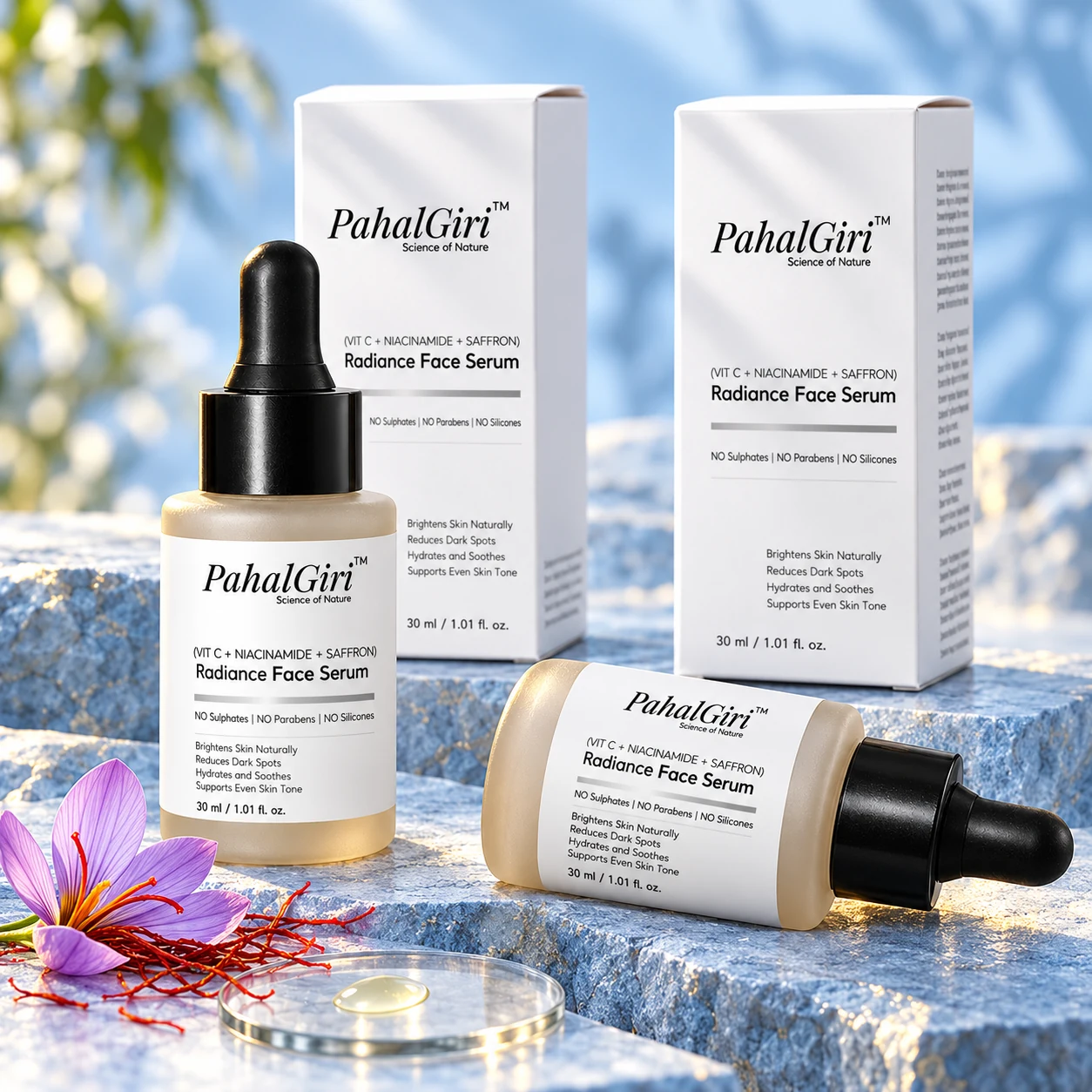 PahalGiri serum double pack: two bottles and two mono cartons on blue stone with saffron