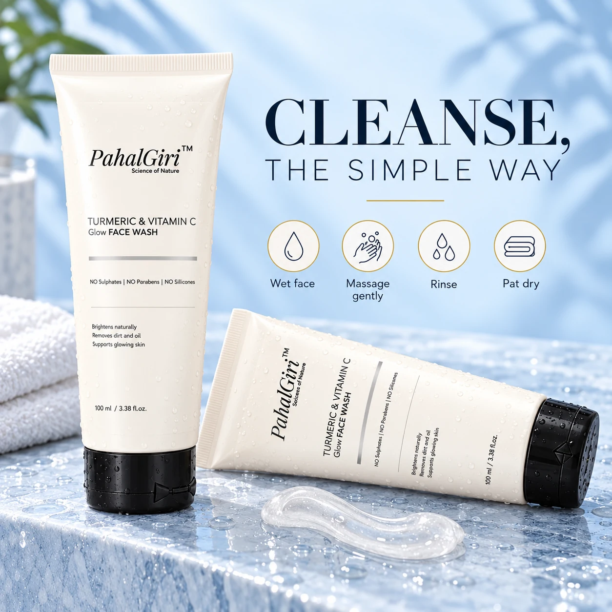 Two PahalGiri face wash tubes with instructions: wet face, massage gently, rinse and pat dry