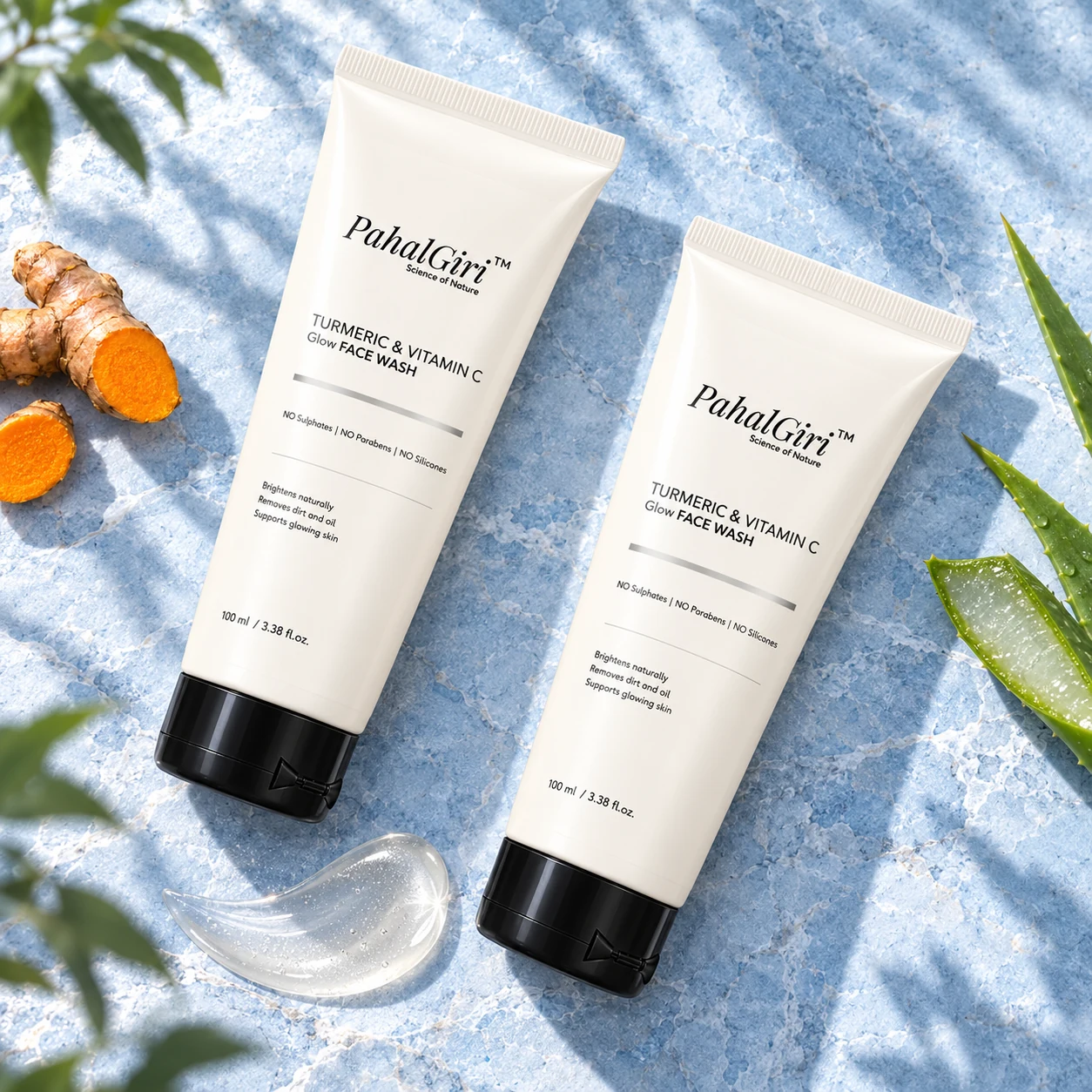 PahalGiri face wash double pack botanical flatlay with two tubes and pearlescent gel texture
